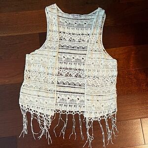Ivory Crochet Vest Boho Festival Fringe Open Knit Woven Size L Cotton Cream